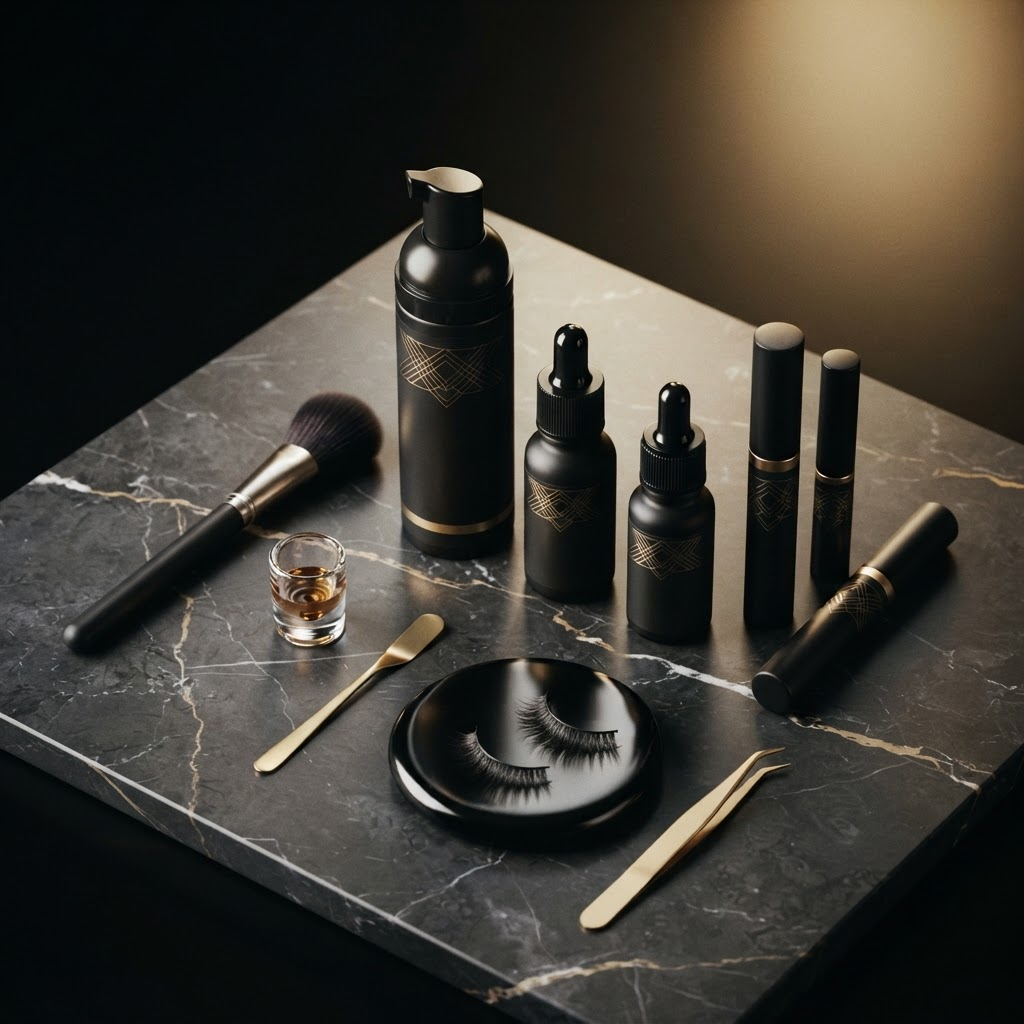 Professional lash lift and brow lamination products with gold embossed detailing arranged on dark marble